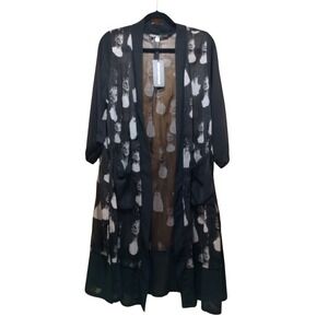 Clotheshead Duster Black Semi Sheer Women M Brush Stroke Pattern Tie Pockets NWT